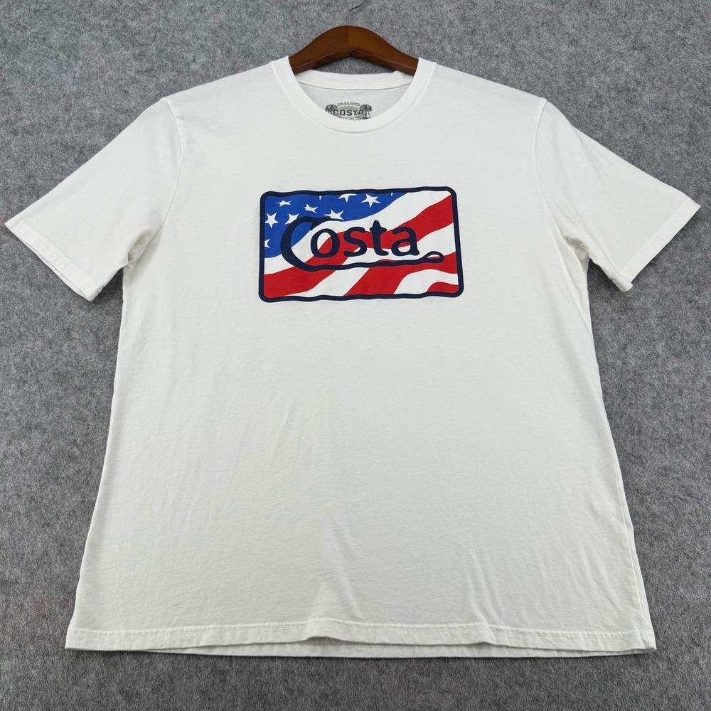 Costa Del Mar Mens XL White T-Shirt American Flag Hook Graphic Cotton Tee